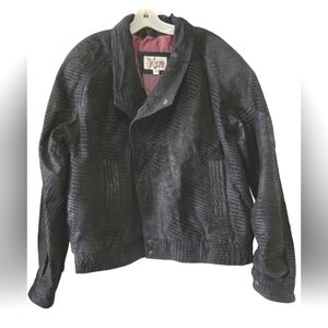 Pelle Studio Vintage 80s Black Leather Lined Croc Embossed Bomber Jacket Large